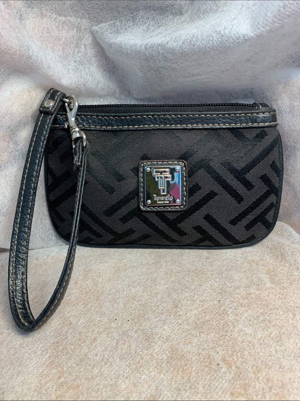Tignanello Black Monogram Jacquard  Patterned Wristlet/ Clutch With Leather Trim